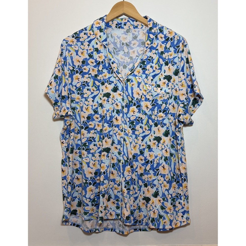 Knix Womens XL Floral Modal Pajama Top Short Sleeve Button Down Blue Yellow